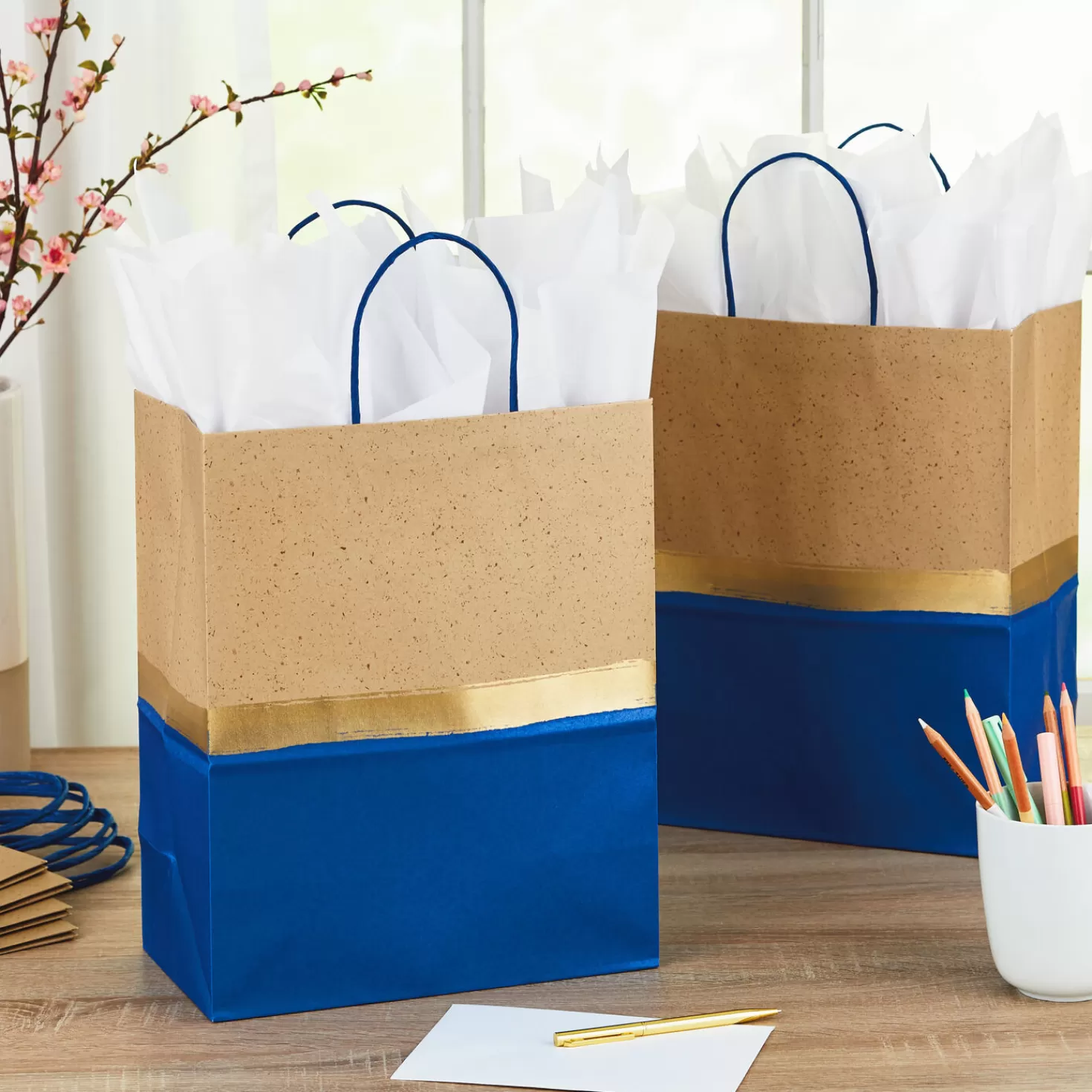 New 13" Blue And Kraft Paper 6-Pack Gift Bag Graduation