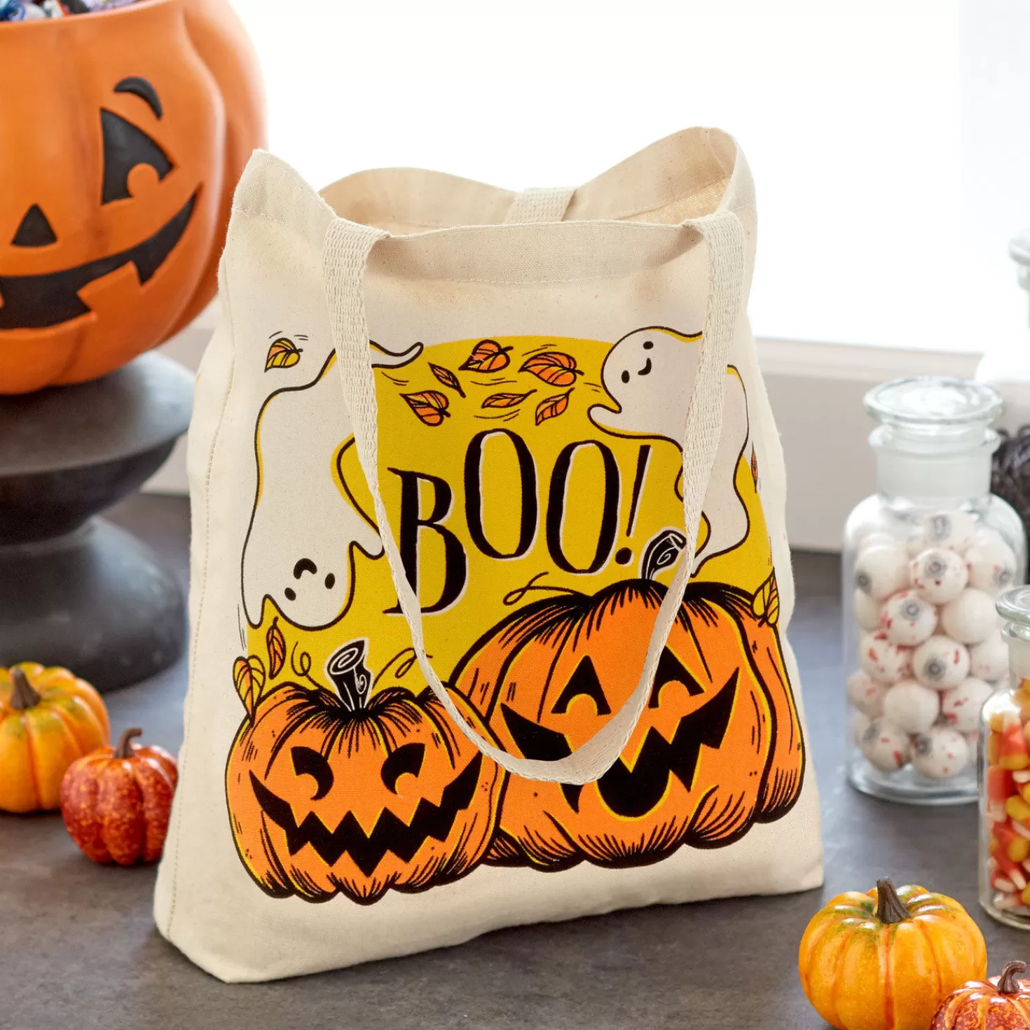 Halloween (10/31)>Hallmark 13" Ghost And Pumpkins Canvas Halloween Tote Bag