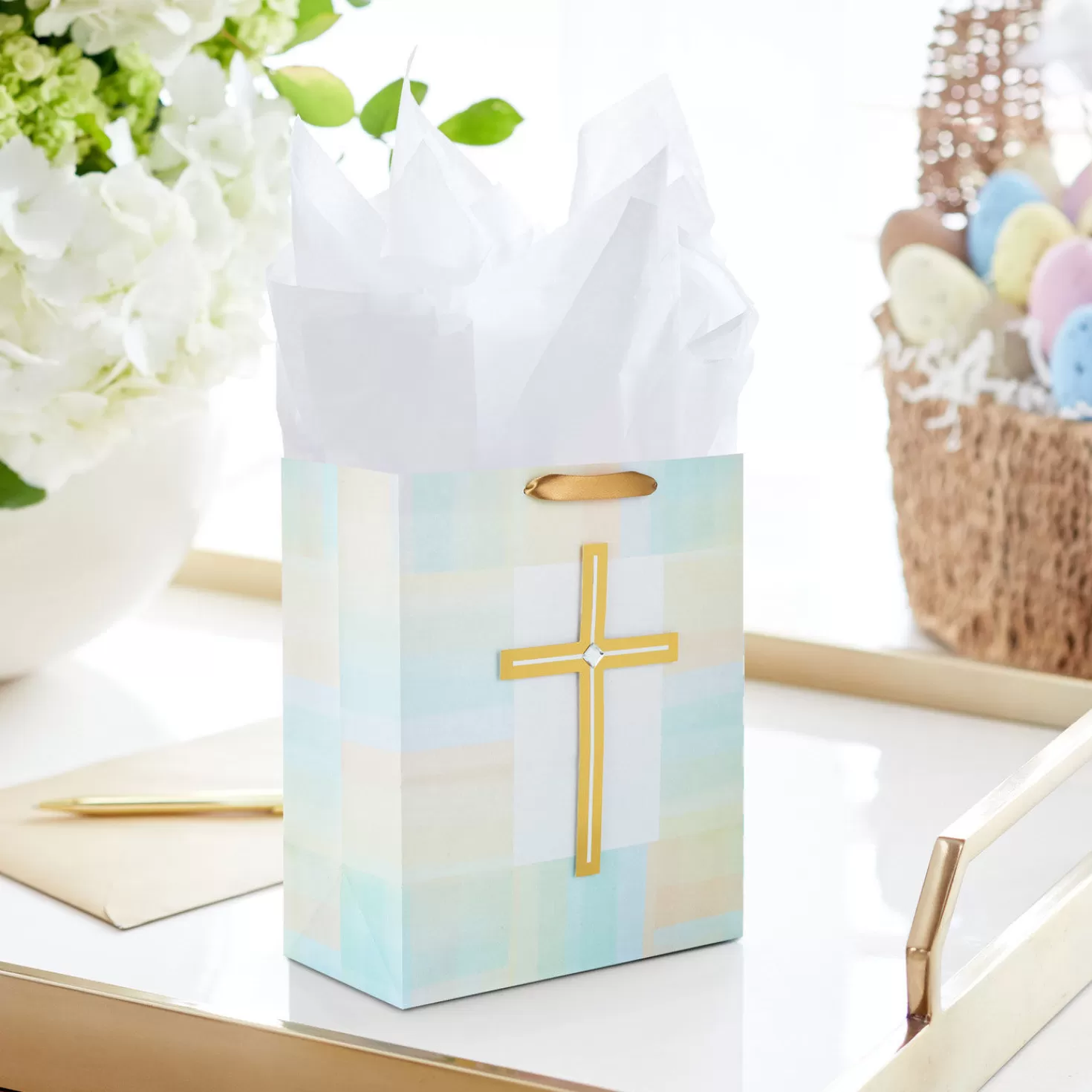 Shop 13" Gold Cross With Pastel Border Large Gift Bag First Communion