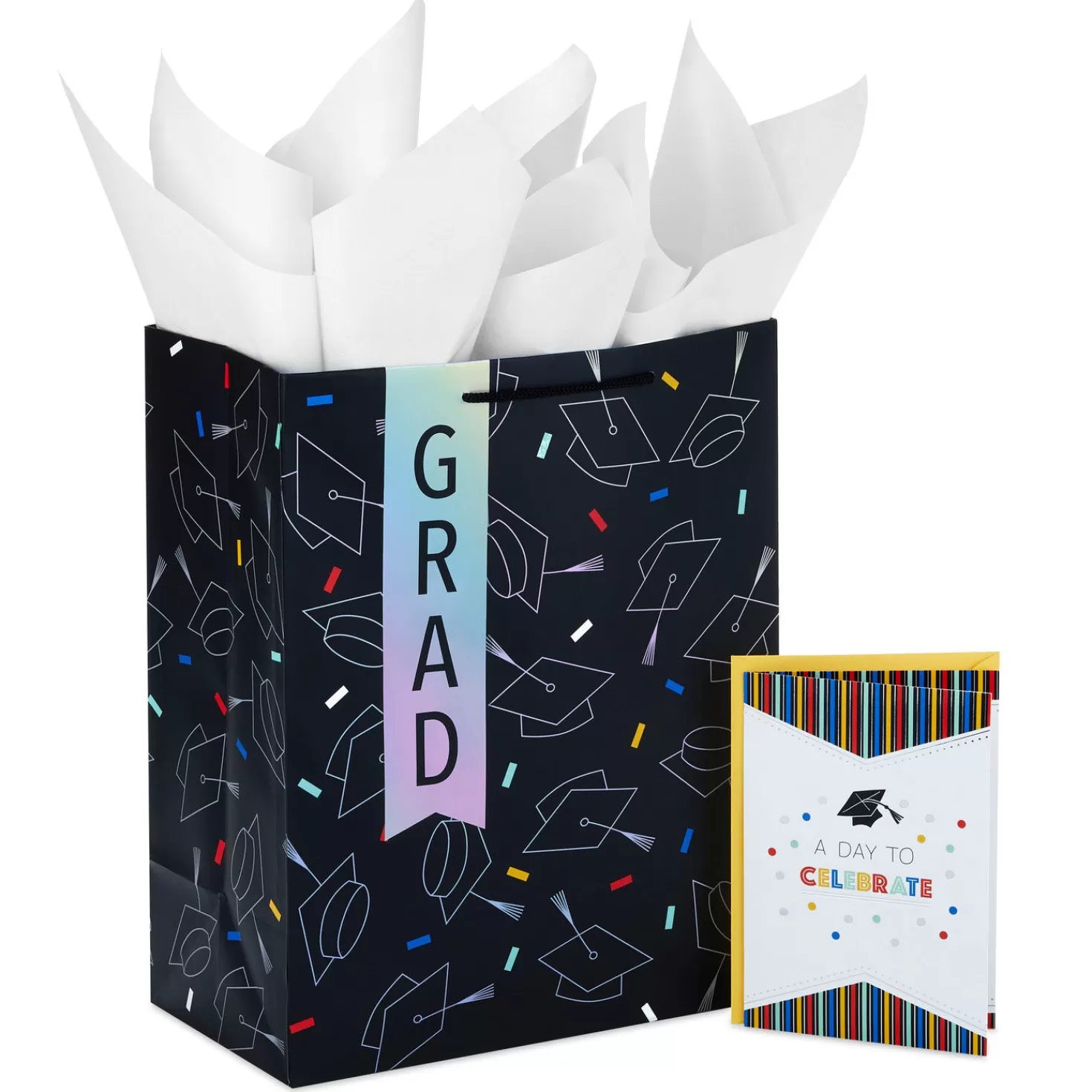 Shop 13" Grad Hats On Black Large Gift Bag With Graduation Card And Tissue Paper Graduation