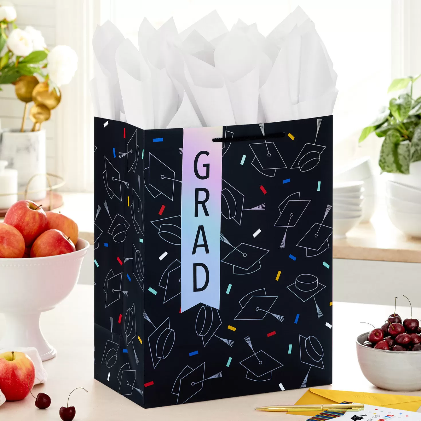 Shop 13" Grad Hats On Black Large Gift Bag With Graduation Card And Tissue Paper Graduation