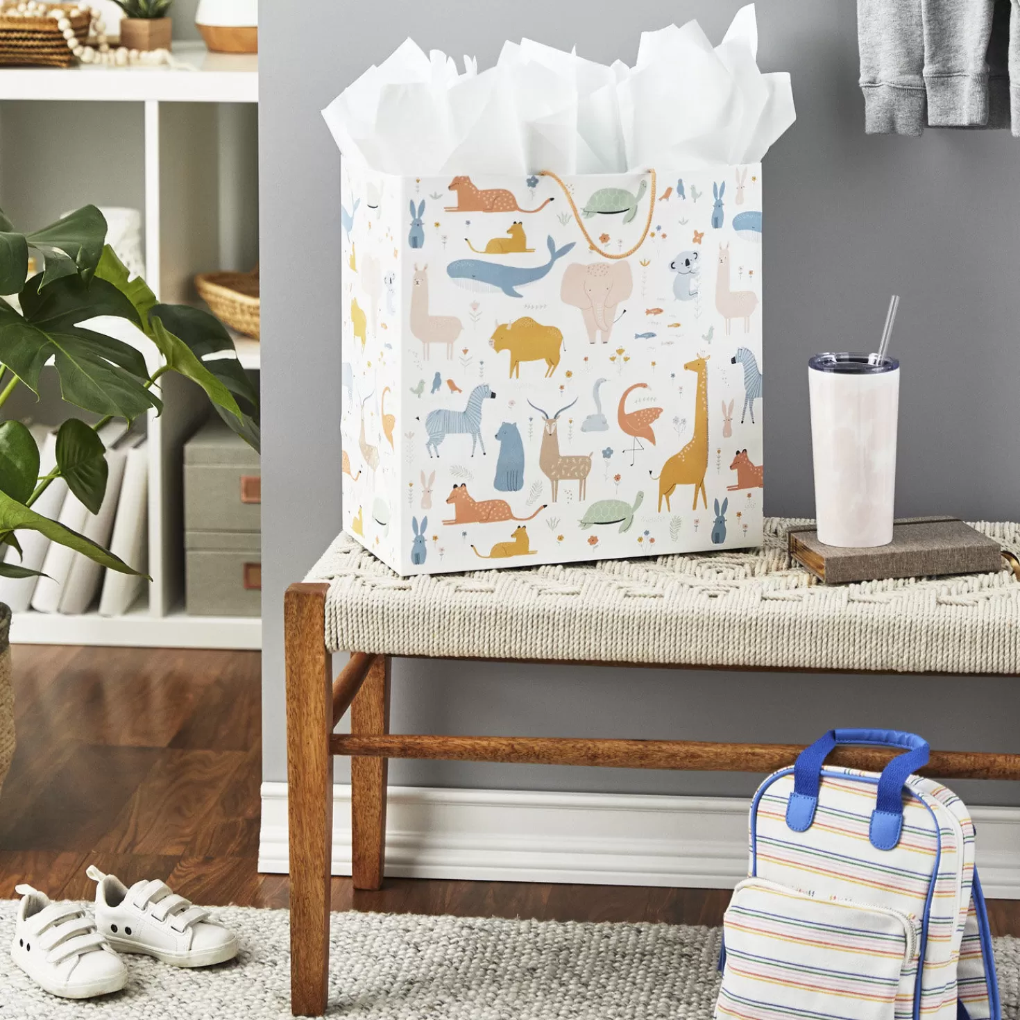 Baby>Hallmark 15" Pastel Animals On White Extra-Deep Gift Bag