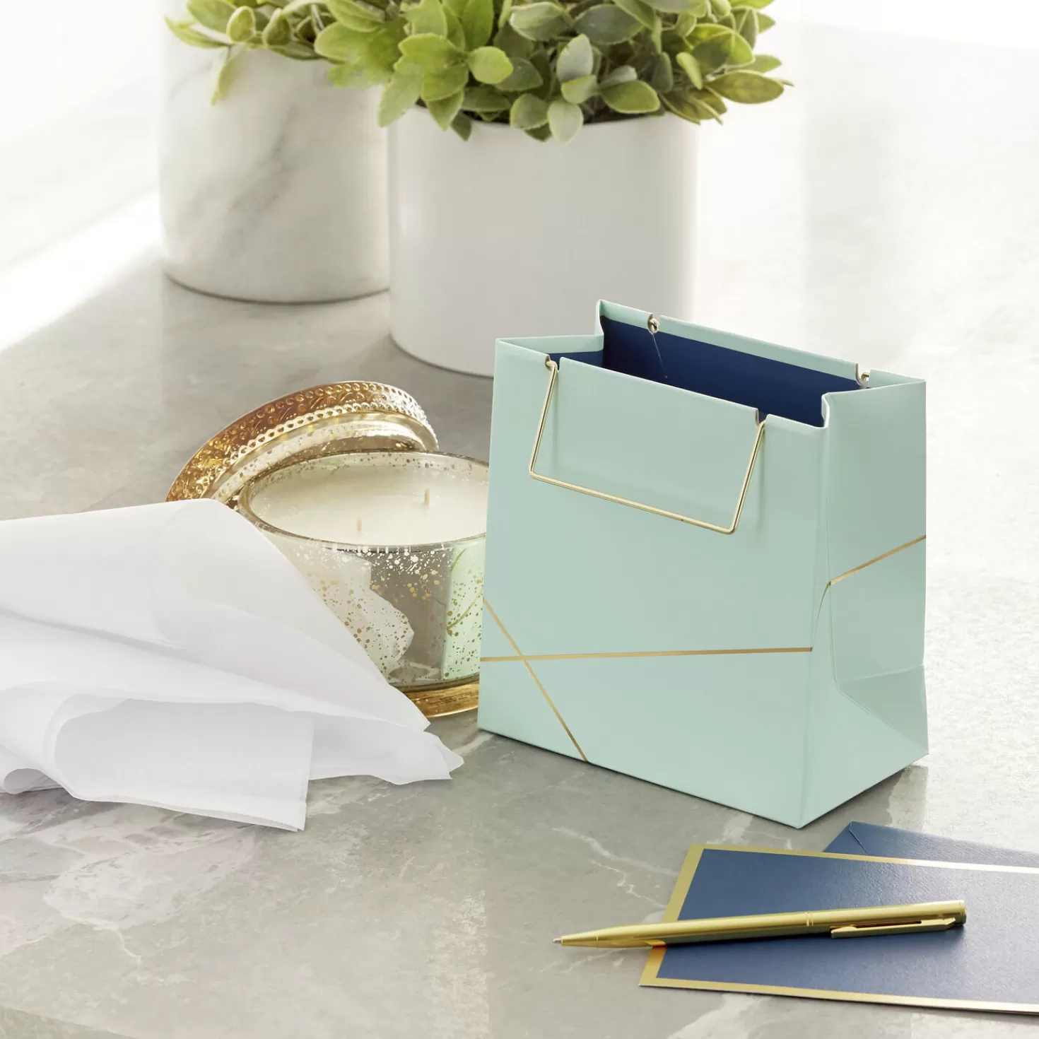 Birthday>Hallmark 5.5" Mint Green With Gold Small Square Gift Bag
