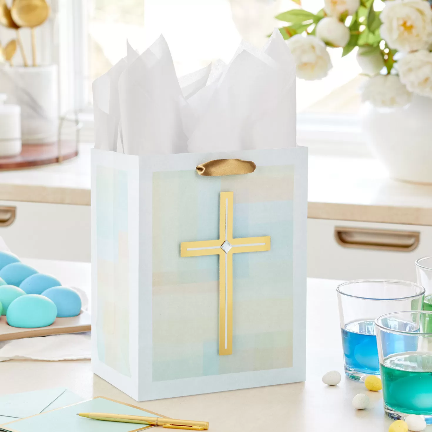 Outlet 9.6" Gold Cross On Pastel Medium Gift Bag First Communion