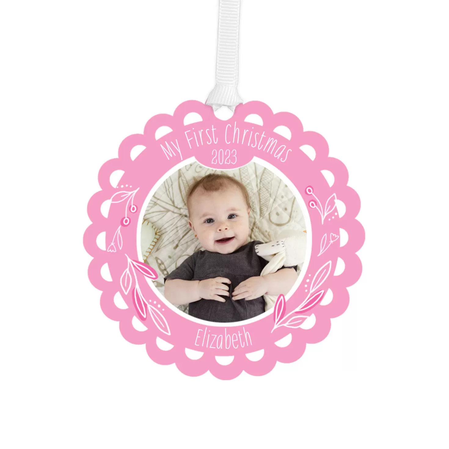 New Baby's First Christmas Pink Scalloped Personalized Text And Photo Metal Ornament Baby