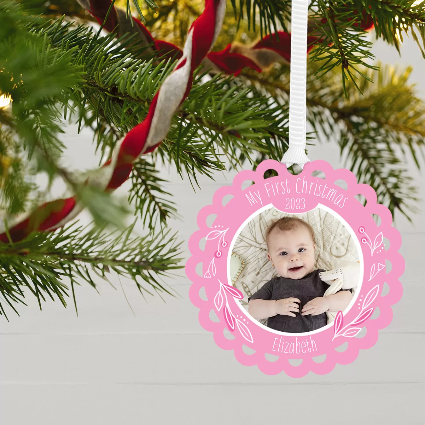 New Baby's First Christmas Pink Scalloped Personalized Text And Photo Metal Ornament Baby