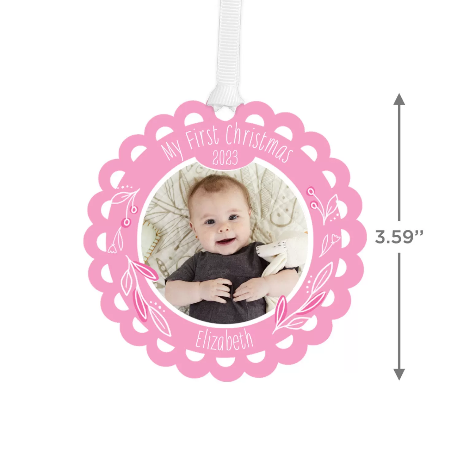New Baby's First Christmas Pink Scalloped Personalized Text And Photo Metal Ornament Baby