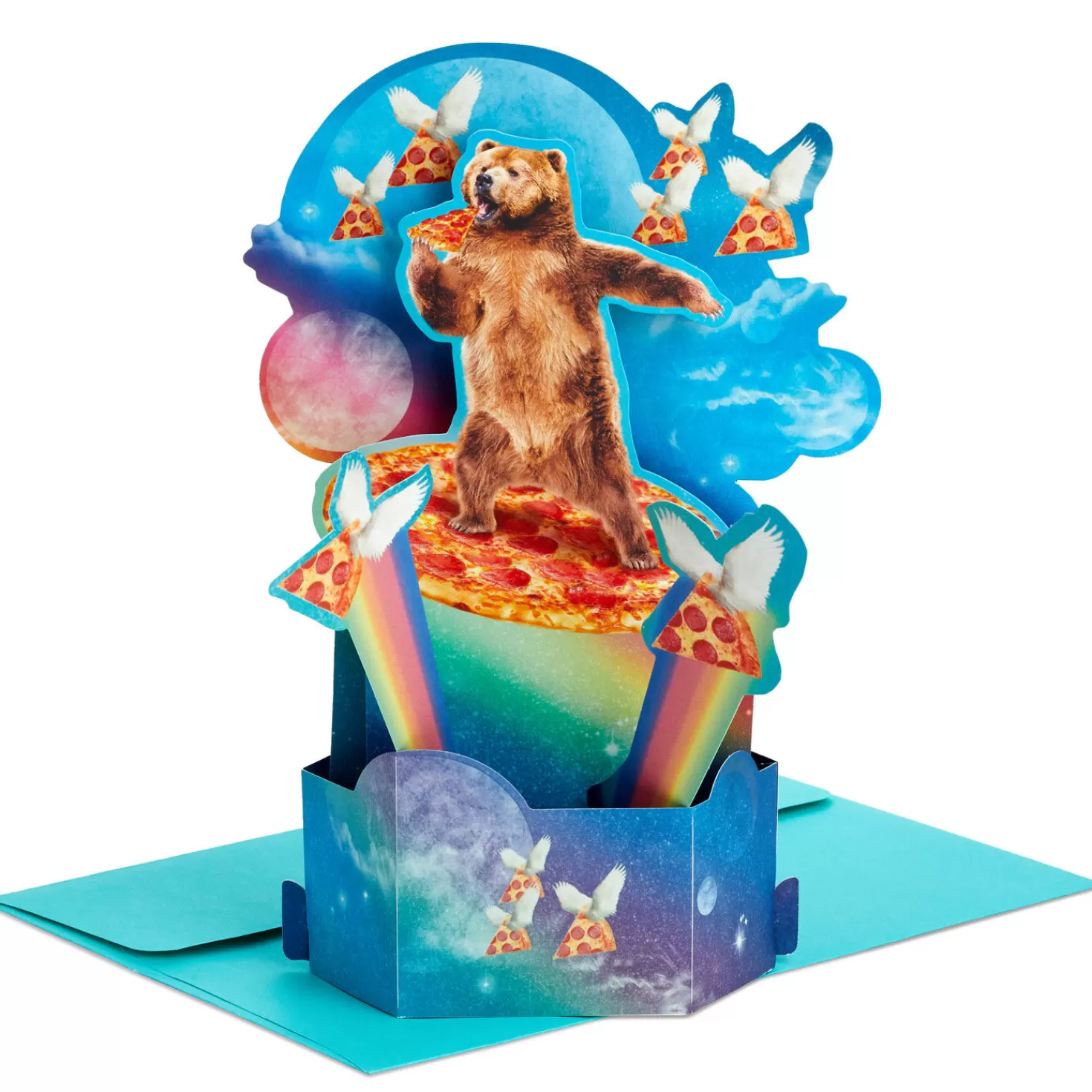 Fashion Bear Eating Pizza In Space Awesome Day Funny 3D Pop-Up Card Encouragement