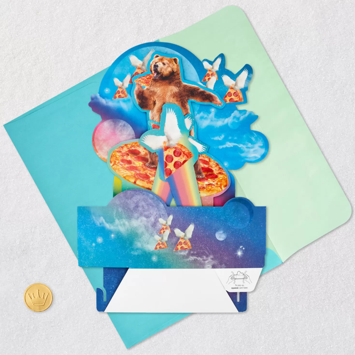 Fashion Bear Eating Pizza In Space Awesome Day Funny 3D Pop-Up Card Encouragement