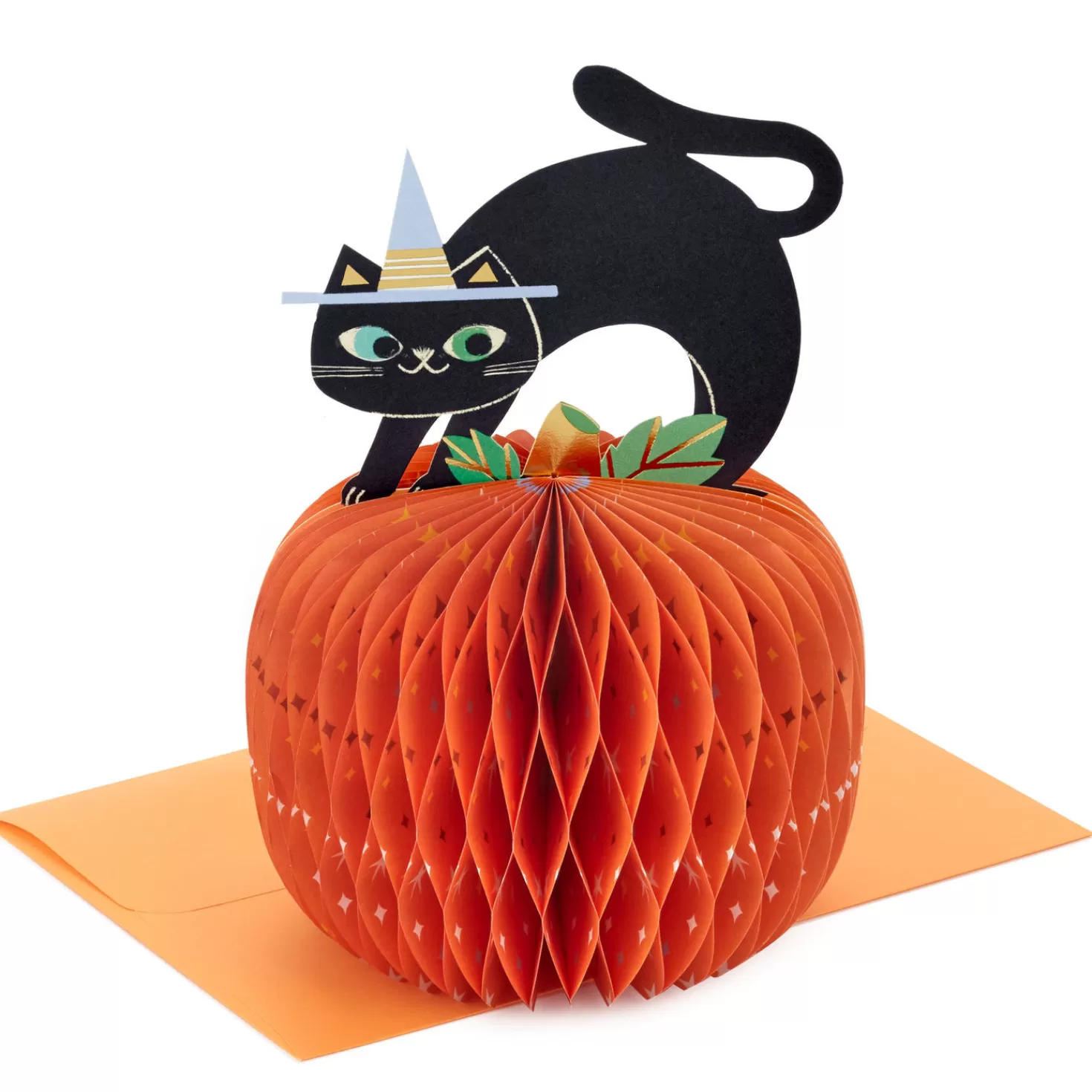 Halloween (10/31)>Hallmark Black Cat On Pumpkin Honeycomb 3D Pop-Up Halloween Card