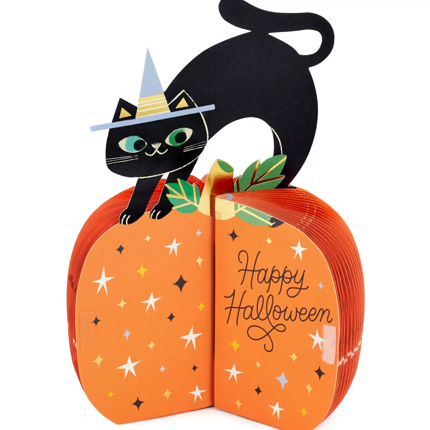 Halloween (10/31)>Hallmark Black Cat On Pumpkin Honeycomb 3D Pop-Up Halloween Card