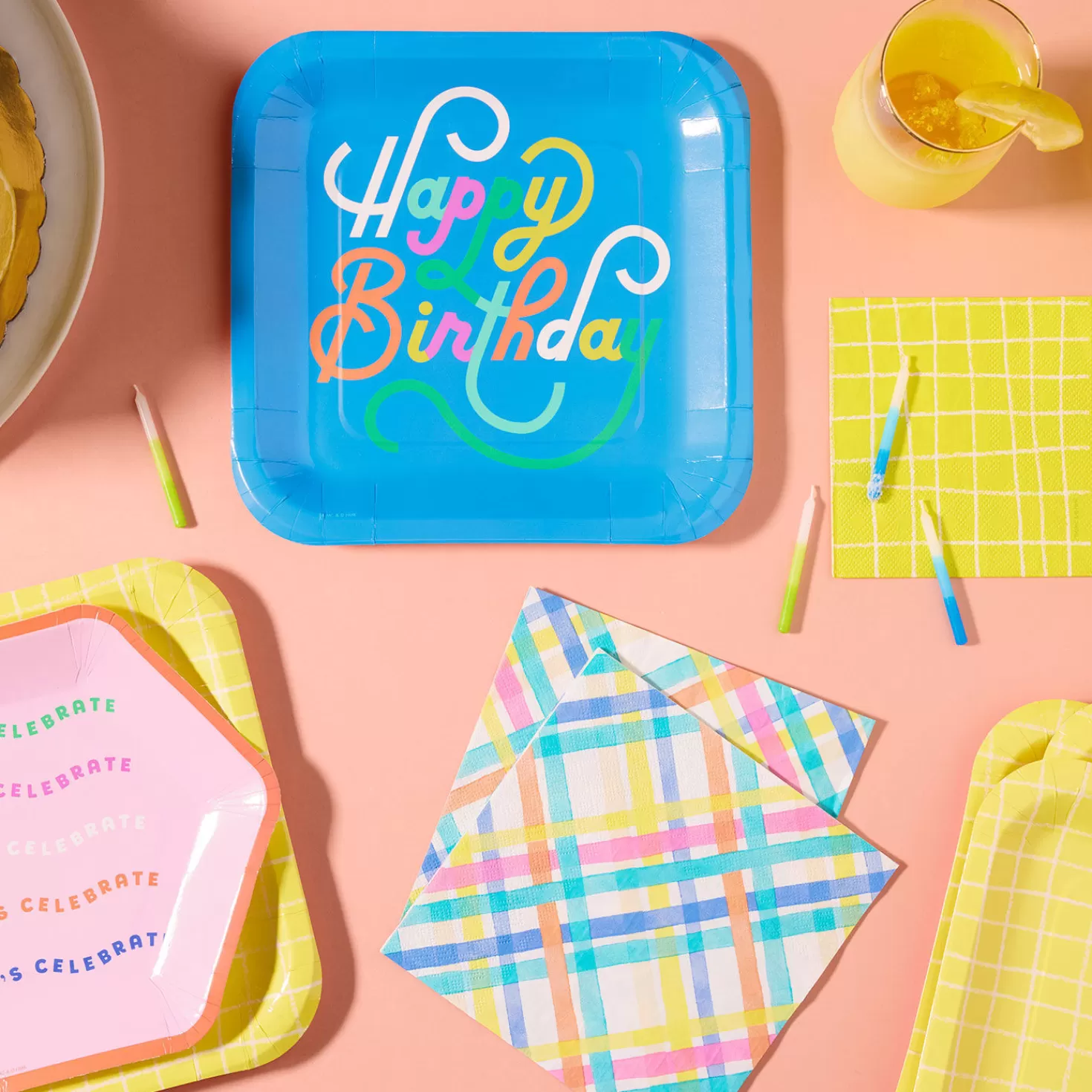 Birthday>Hallmark Blue " Happy Birthday" Square Dinner Plates, Set Of 8