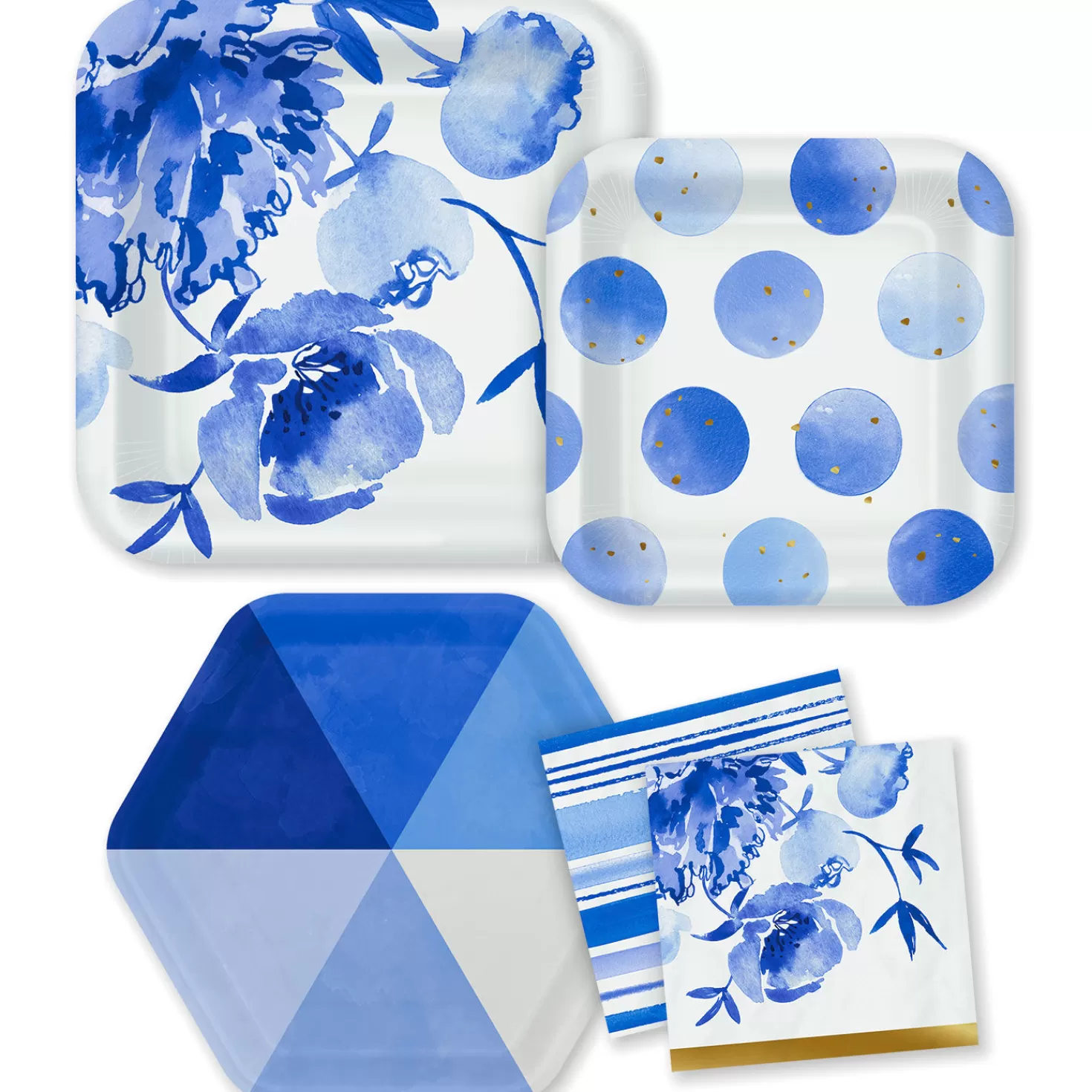 Baby>Hallmark Blue And White Watercolor Party Essentials Set