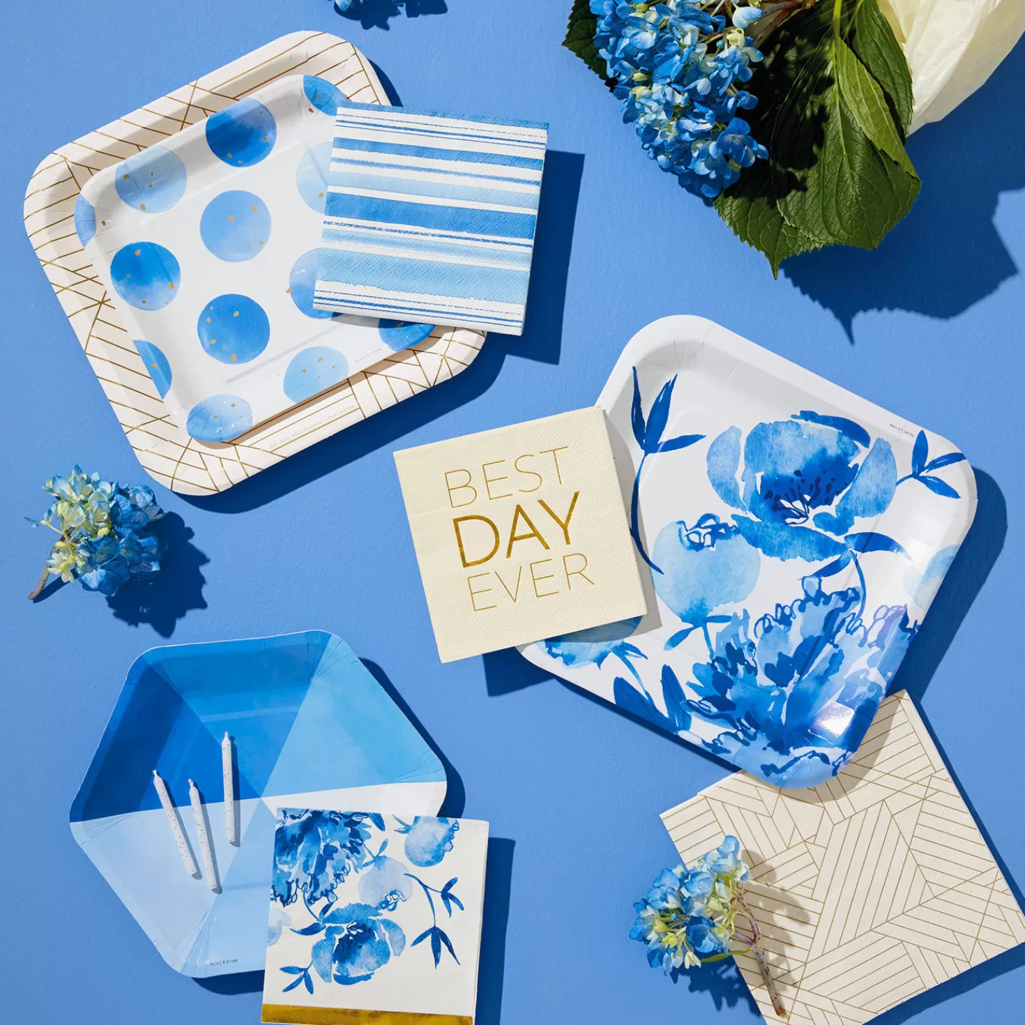 Baby>Hallmark Blue Watercolor Dots Square Dessert Plates, Set Of 8