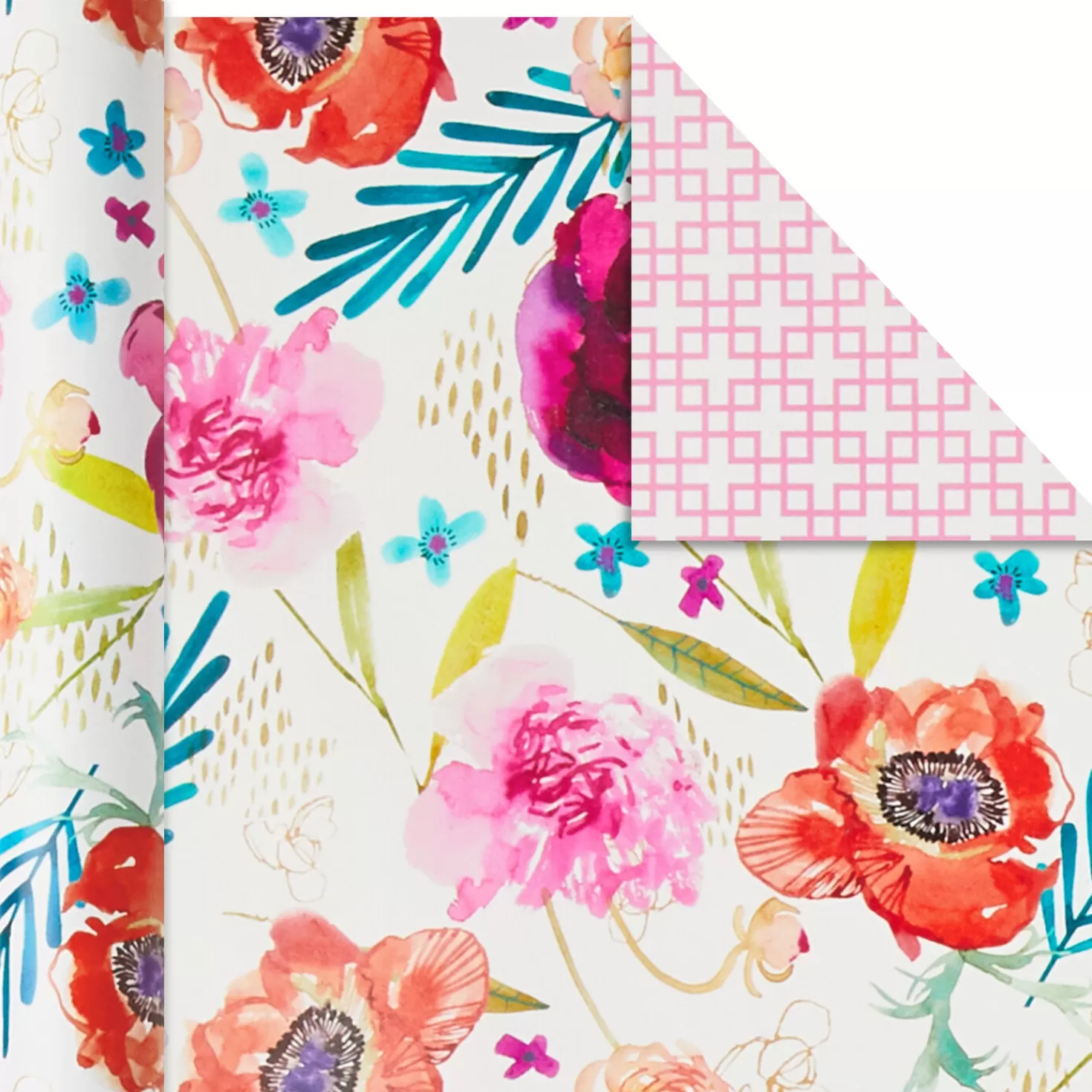 Birthday>Hallmark Bright Florals 3-Pack Reversible Wrapping Paper, 120 Sq. Ft. Total