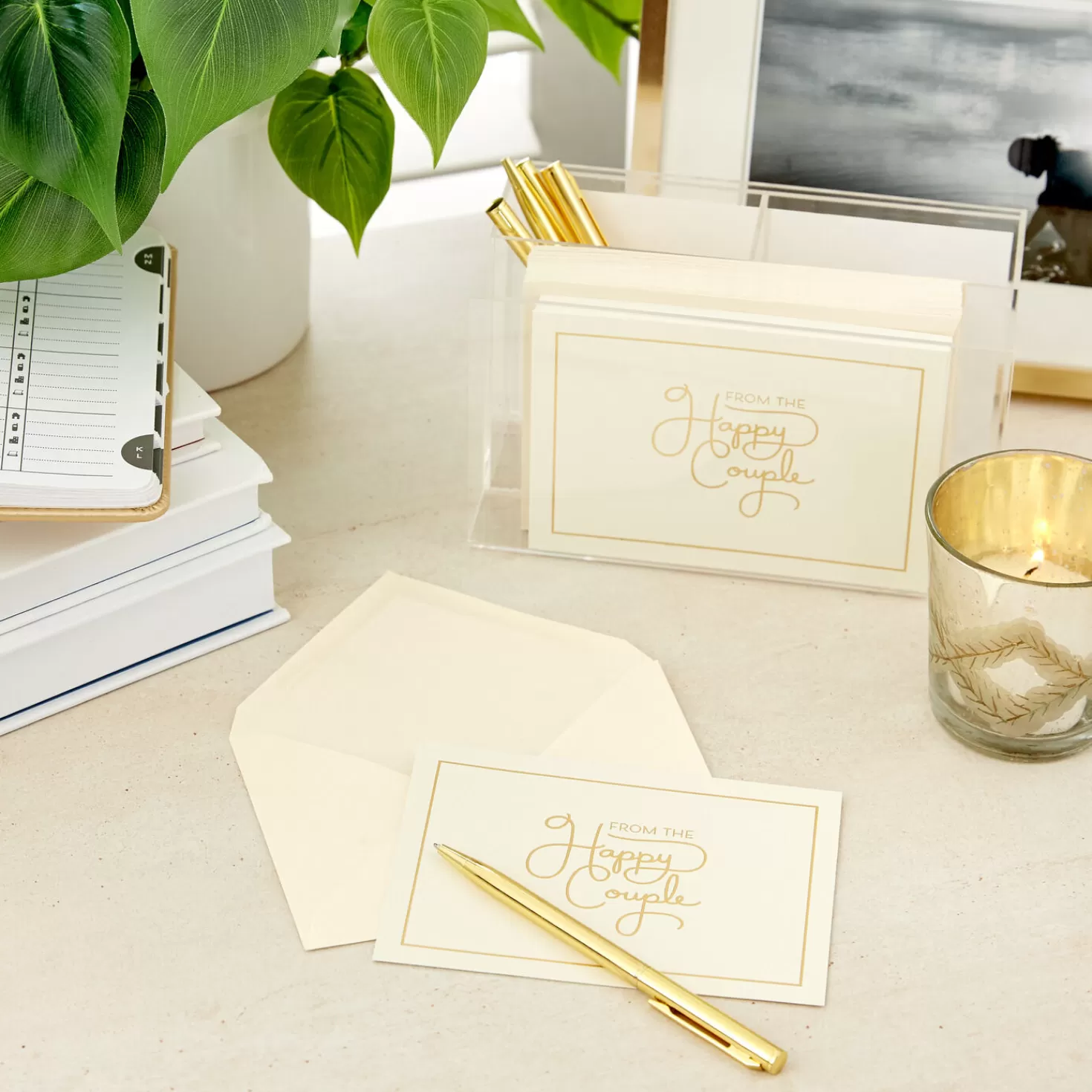Hot Bulk Ivory And Gold Blank Wedding Thank-You Notes, Box Of 100 Wedding