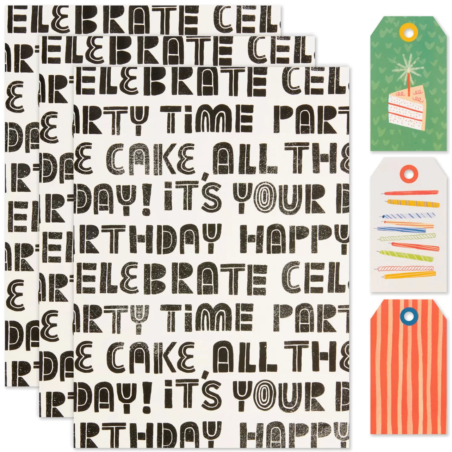 Birthday>Hallmark Celebration Lettering Flat Wrapping Paper With Gift Tags, 3 Sheets