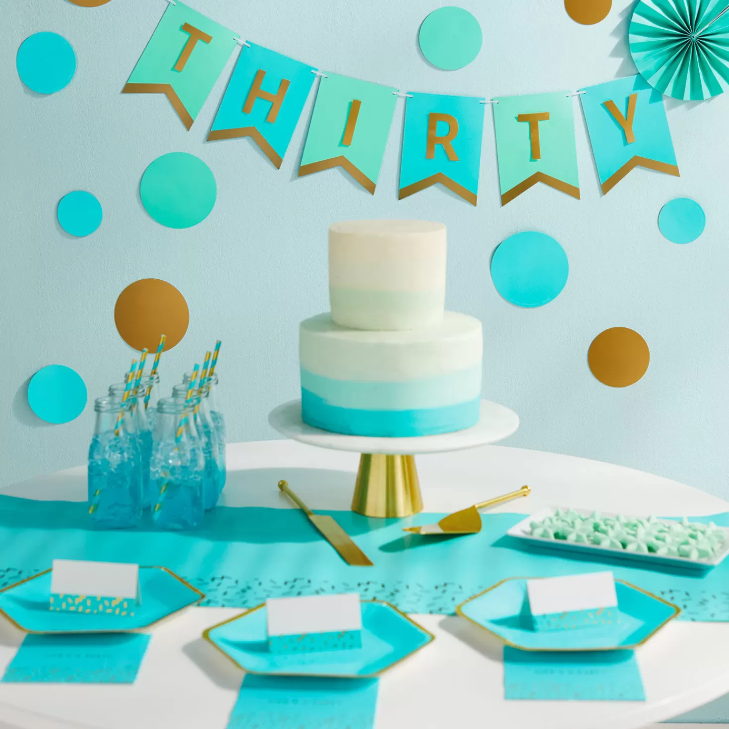 Birthday>Hallmark Color Pop 60-Piece Tableware Premium Party Kit, Aqua Hexagon