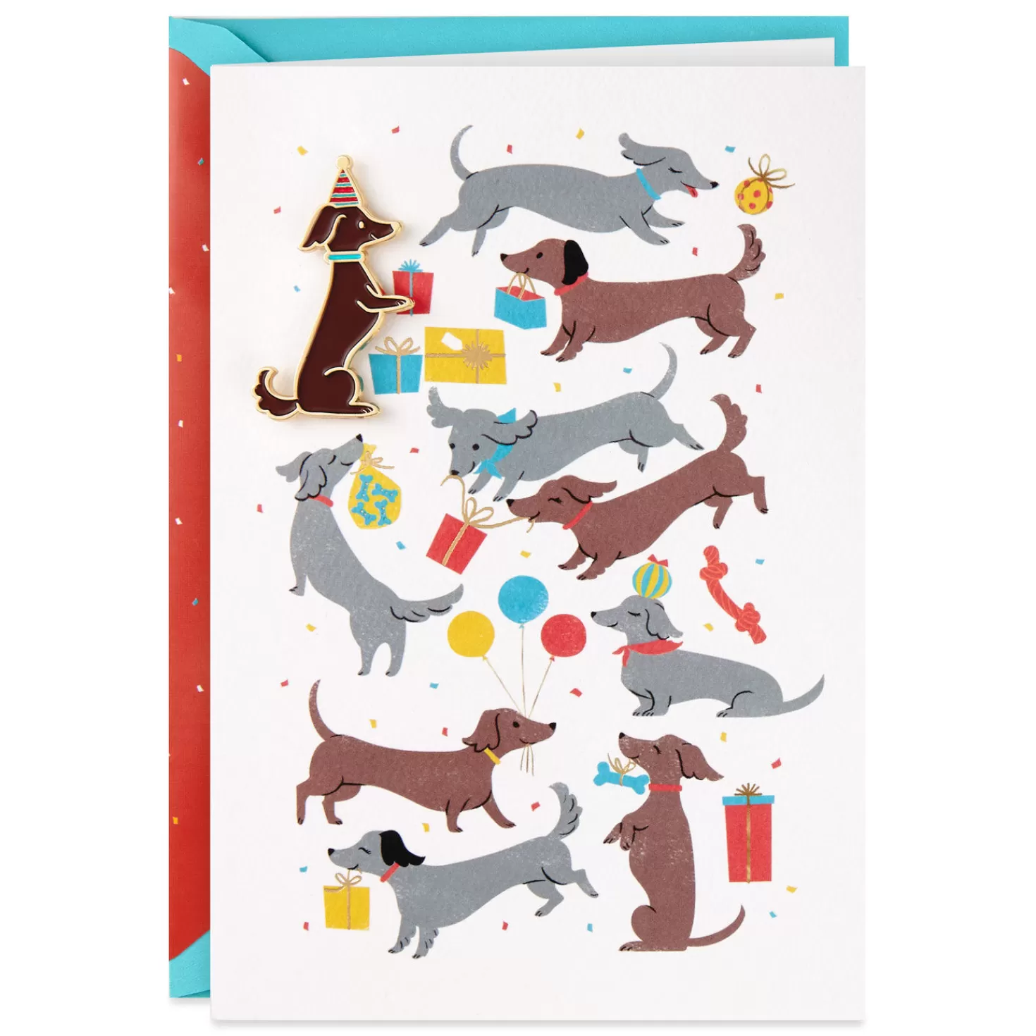 Birthday>Hallmark Dachshund Party Dogs Birthday Card With Enamel Pin