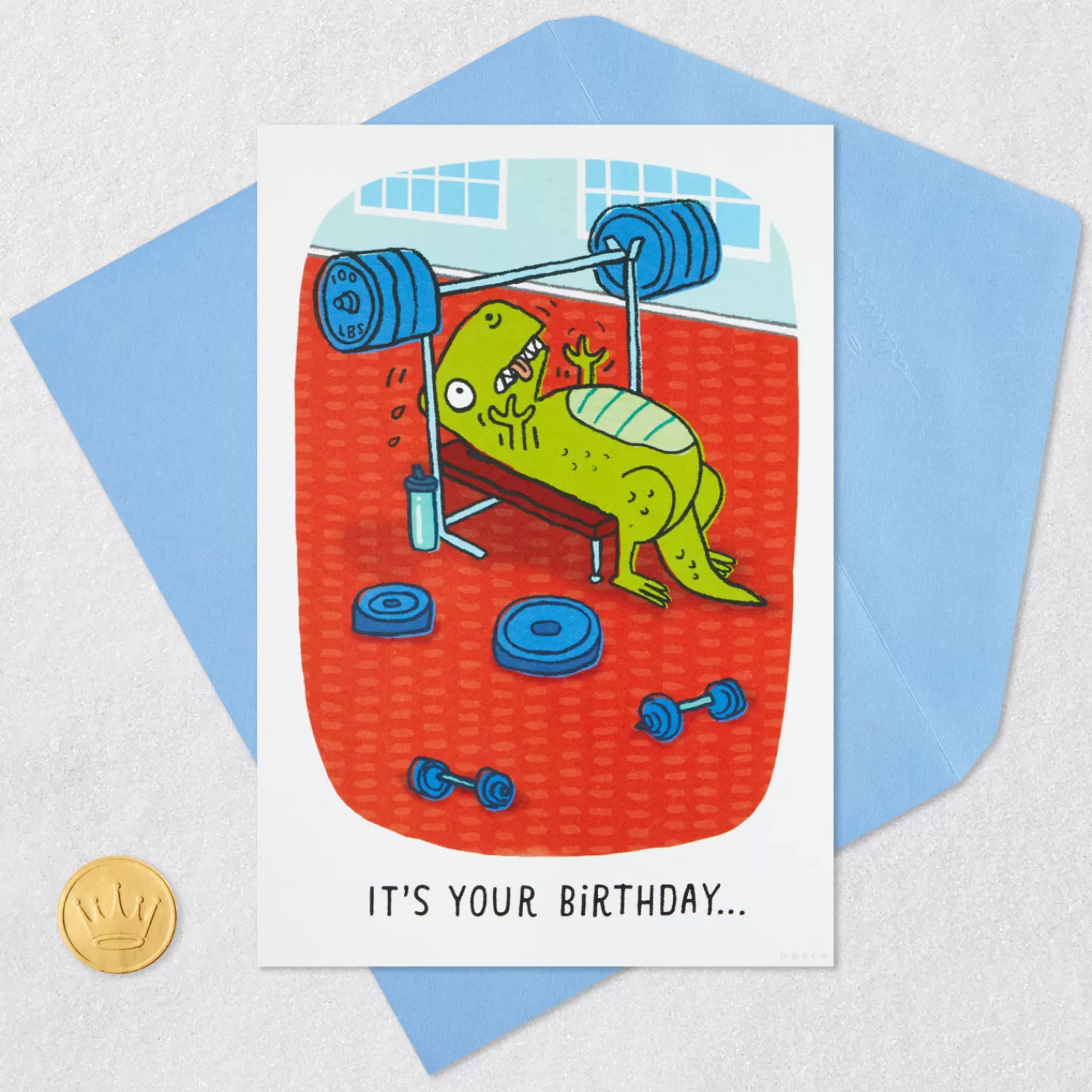 Birthday>Hallmark Don'T Lift A Finger Dinosaur At Gym Funny Birthday Card