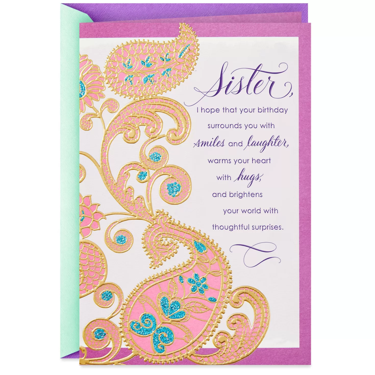 Birthday>Hallmark Gold And Pink Paisley Flowers Birthday Card For Sister
