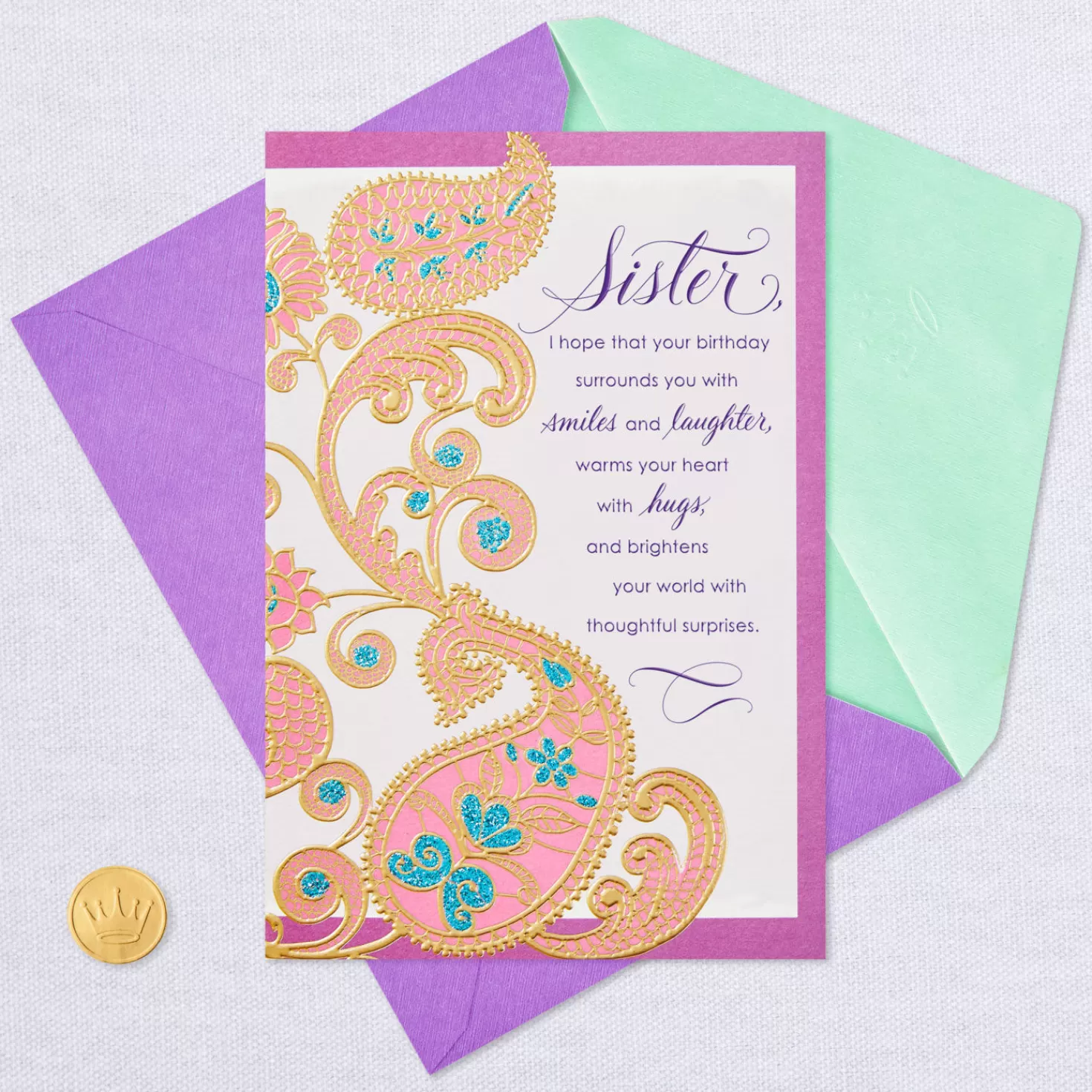 Birthday>Hallmark Gold And Pink Paisley Flowers Birthday Card For Sister