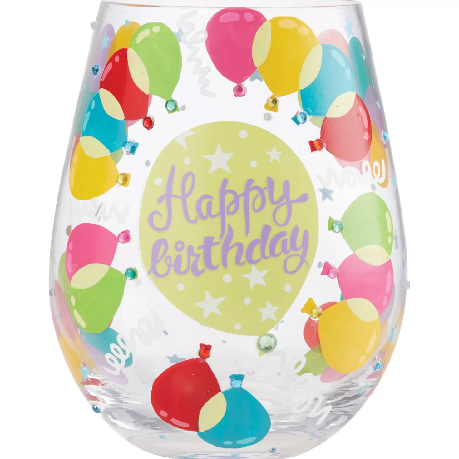 Birthday>Hallmark Lolita Happy Birthday Balloons Handpainted Stemless Wine Glass, 20 Oz.
