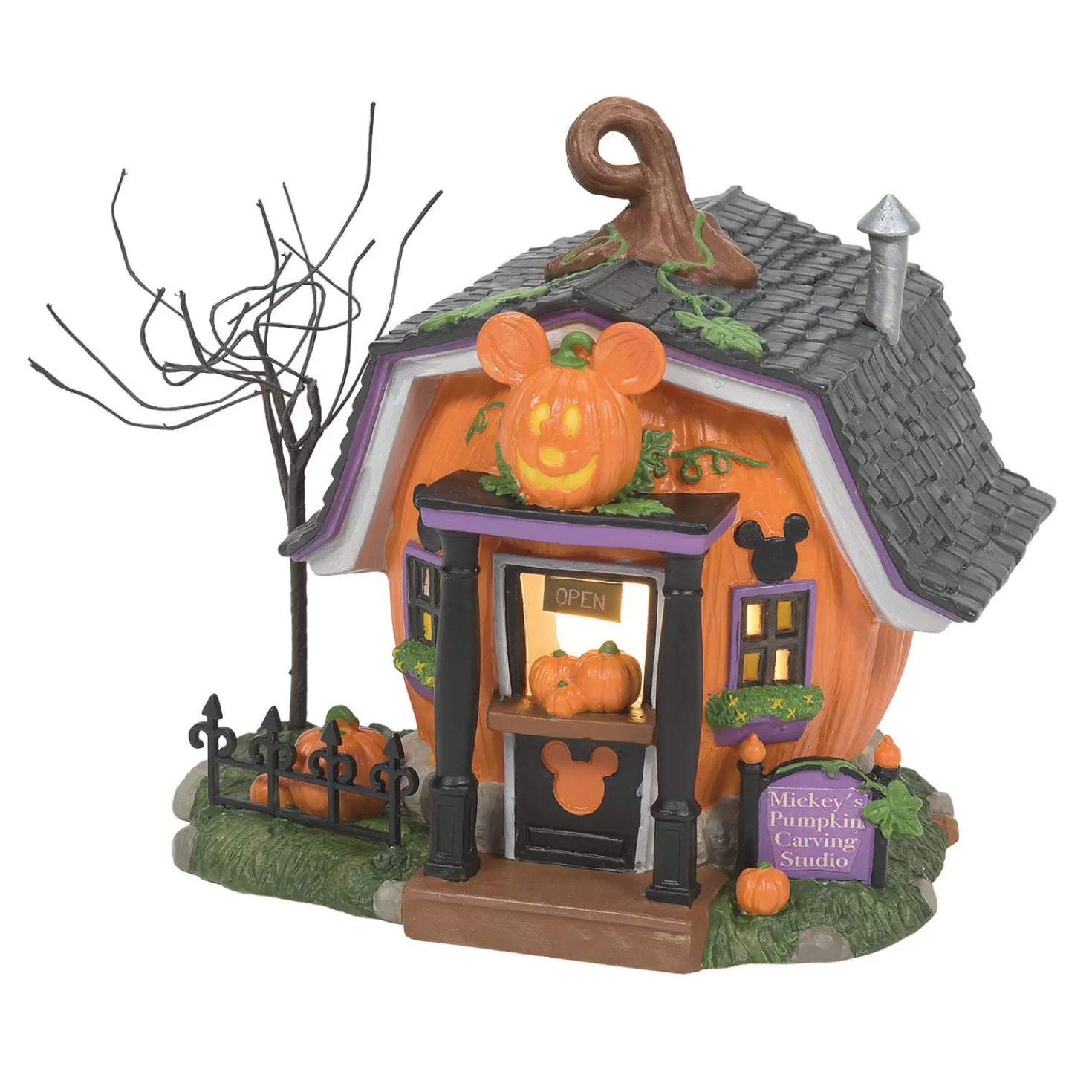 Halloween (10/31)>Hallmark Mickey's Pumpkintown Carving Studio Figurine With Light, 5.51"