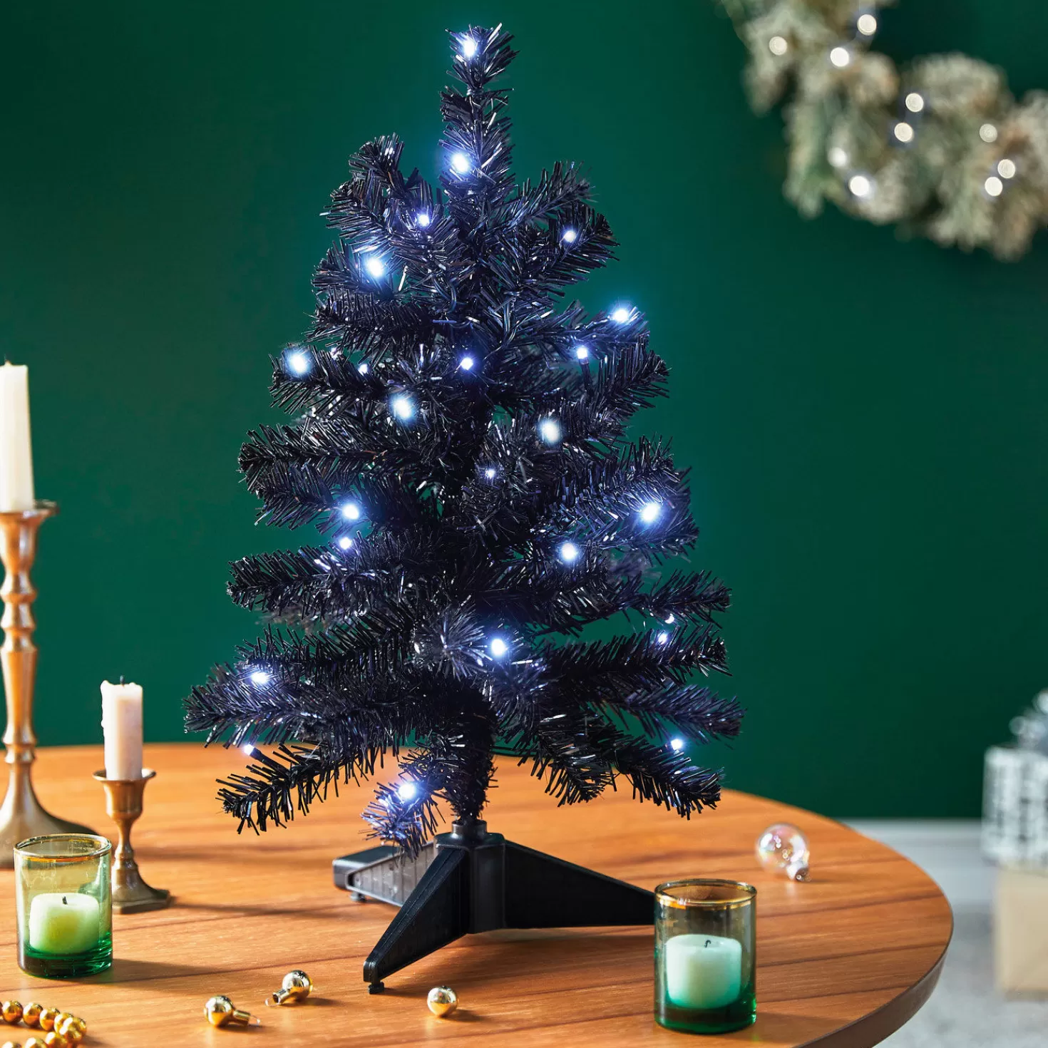 Halloween (10/31)>Hallmark Miniature Black Pre-Lit Christmas Tree, 18.75"