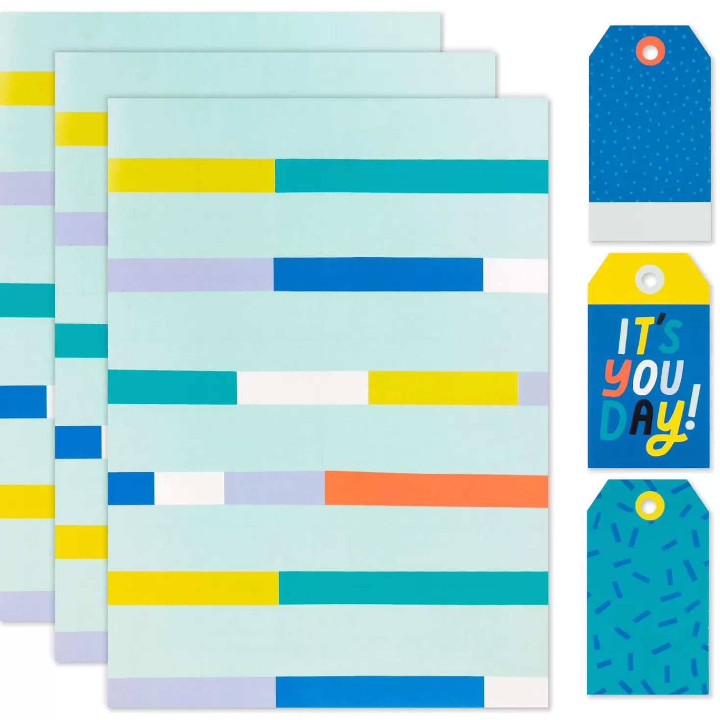 Birthday>Hallmark Multicolor Stripes Flat Wrapping Paper With Gift Tags, 3 Sheets