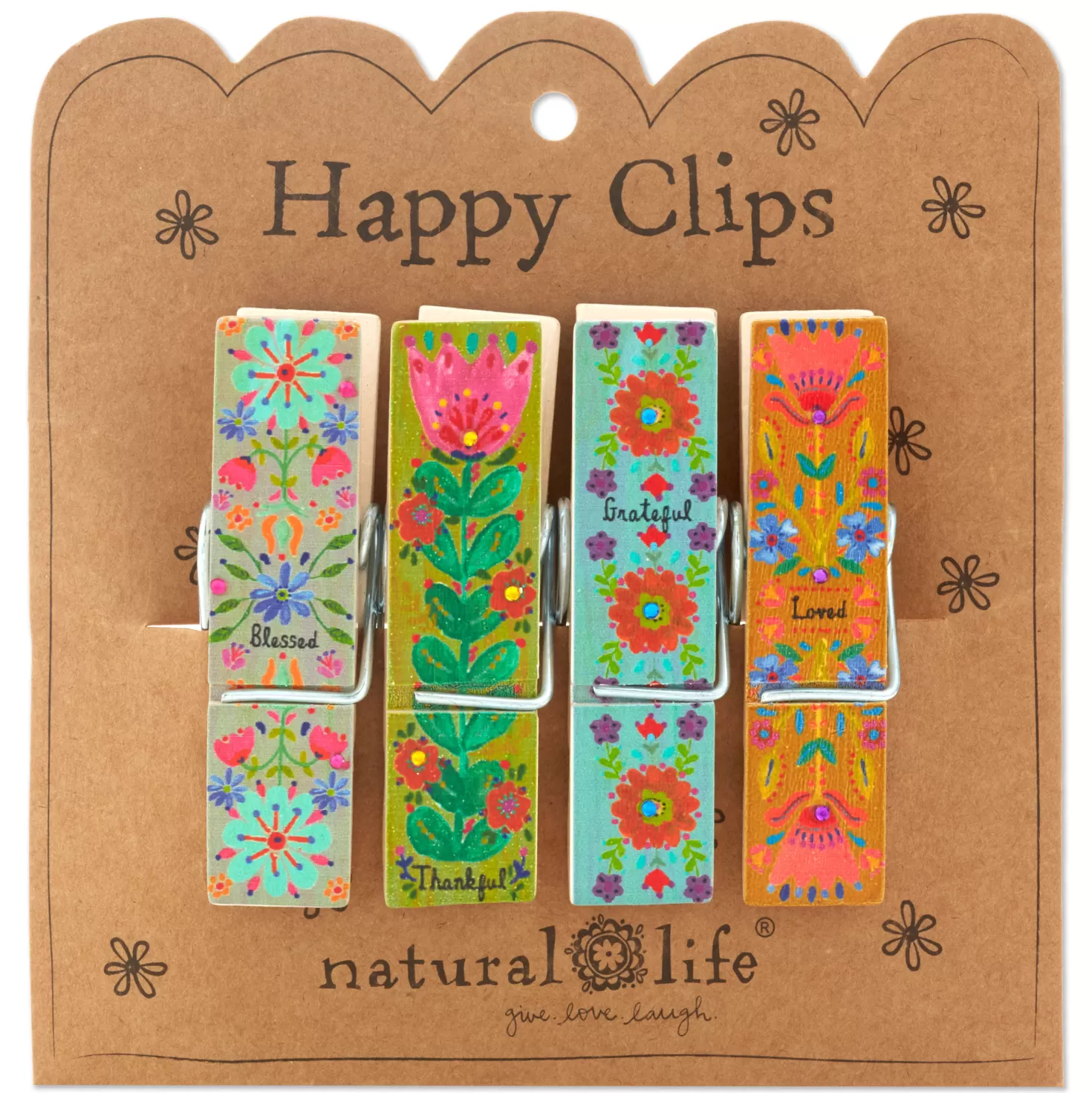 Cheap Natural Life Thankful Blessed Floral Happy Clips, Set Of 4 Encouragement