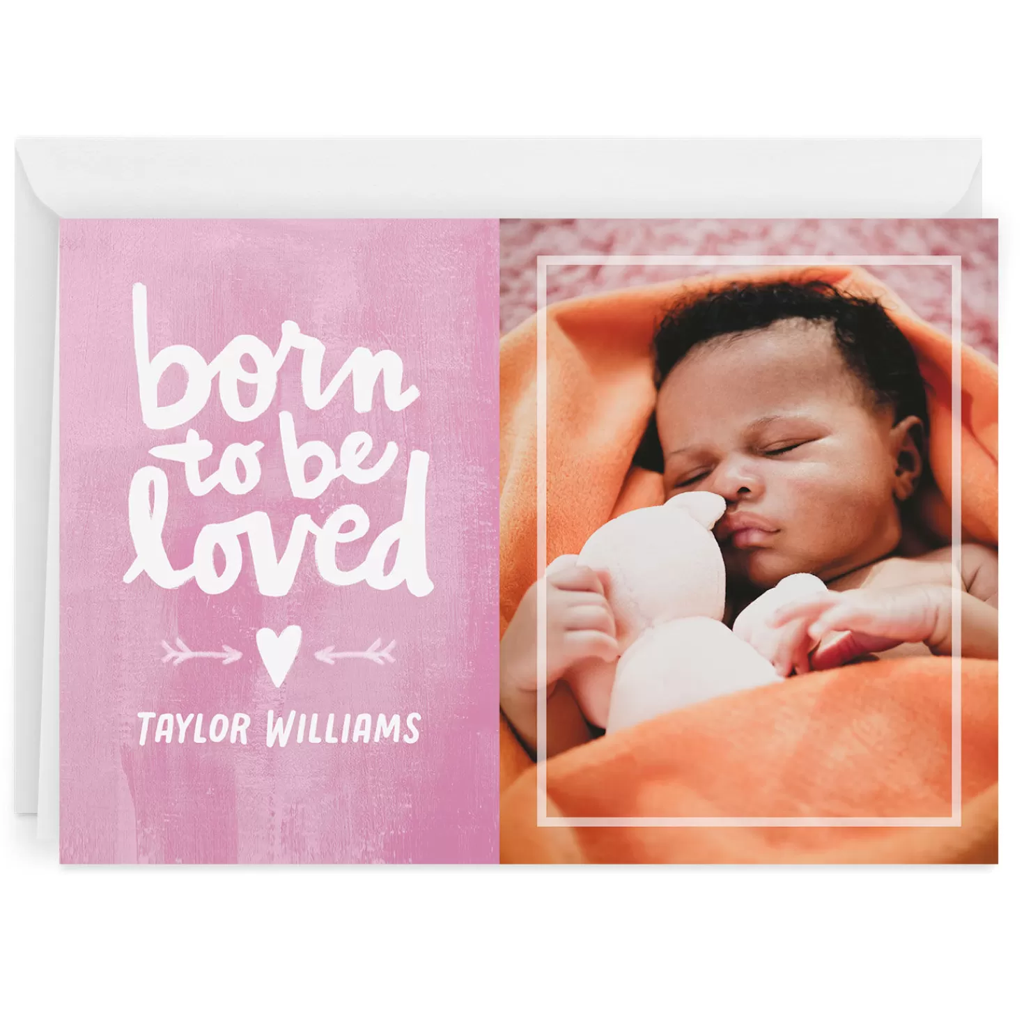 Online Personalized Born To Be Loved Pink New Baby Photo Card Congratulations