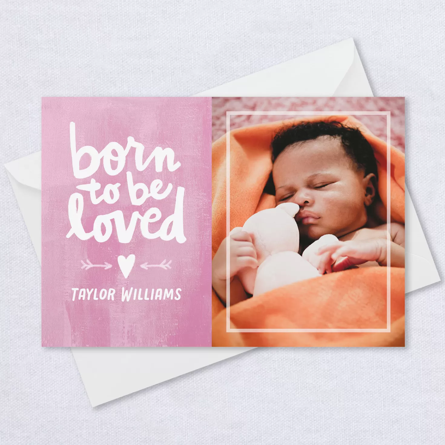Online Personalized Born To Be Loved Pink New Baby Photo Card Congratulations