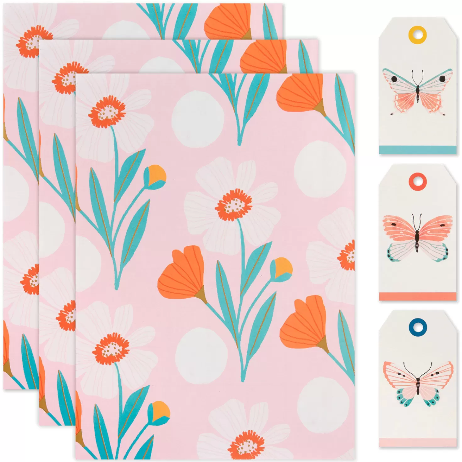Birthday>Hallmark Pink Floral Flat Wrapping Paper With Gift Tags, 3 Sheets