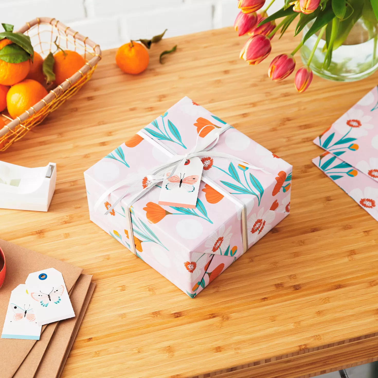Birthday>Hallmark Pink Floral Flat Wrapping Paper With Gift Tags, 3 Sheets