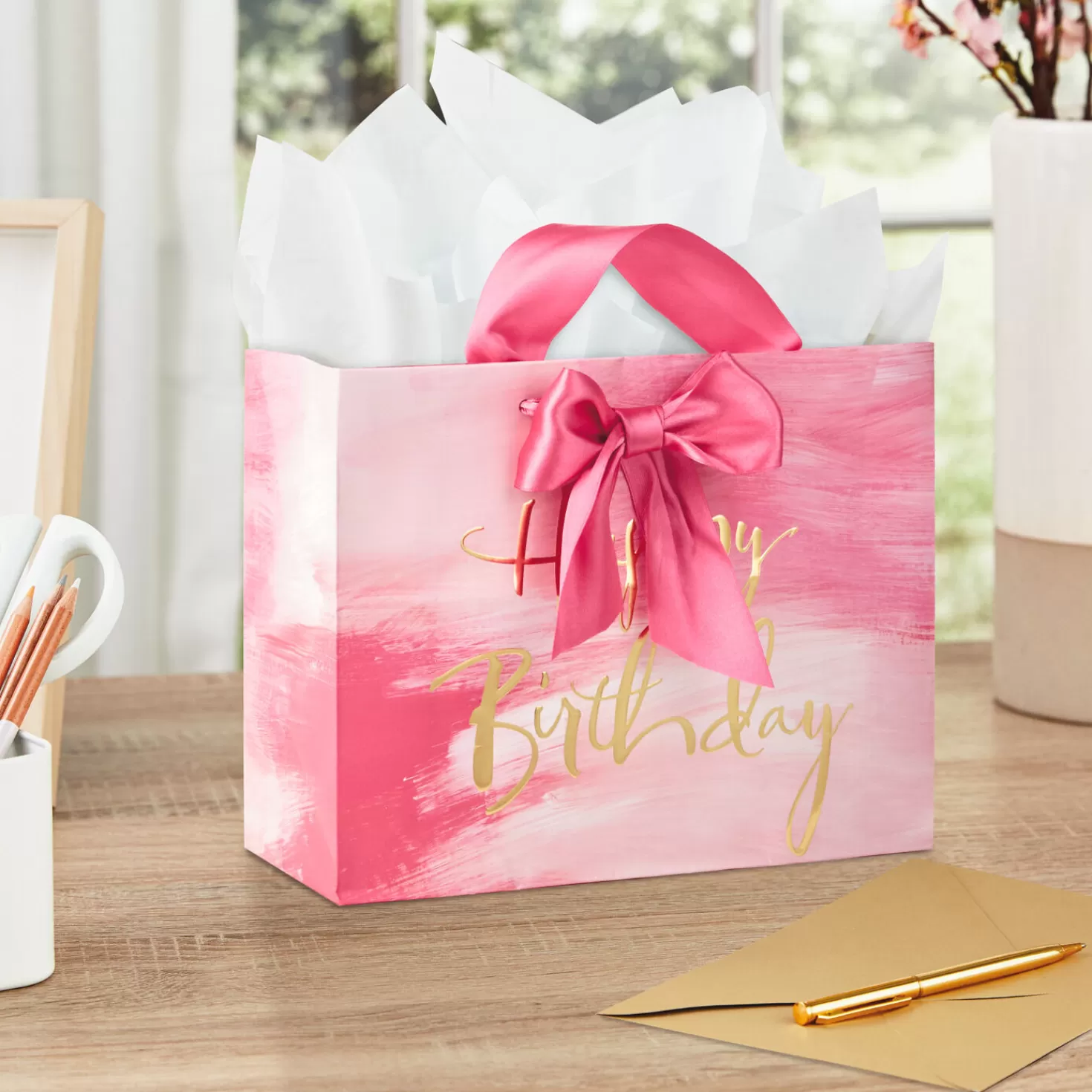 Birthday>Hallmark Pink Watercolor Happy Birthday Medium Gift Bag, 7.75"