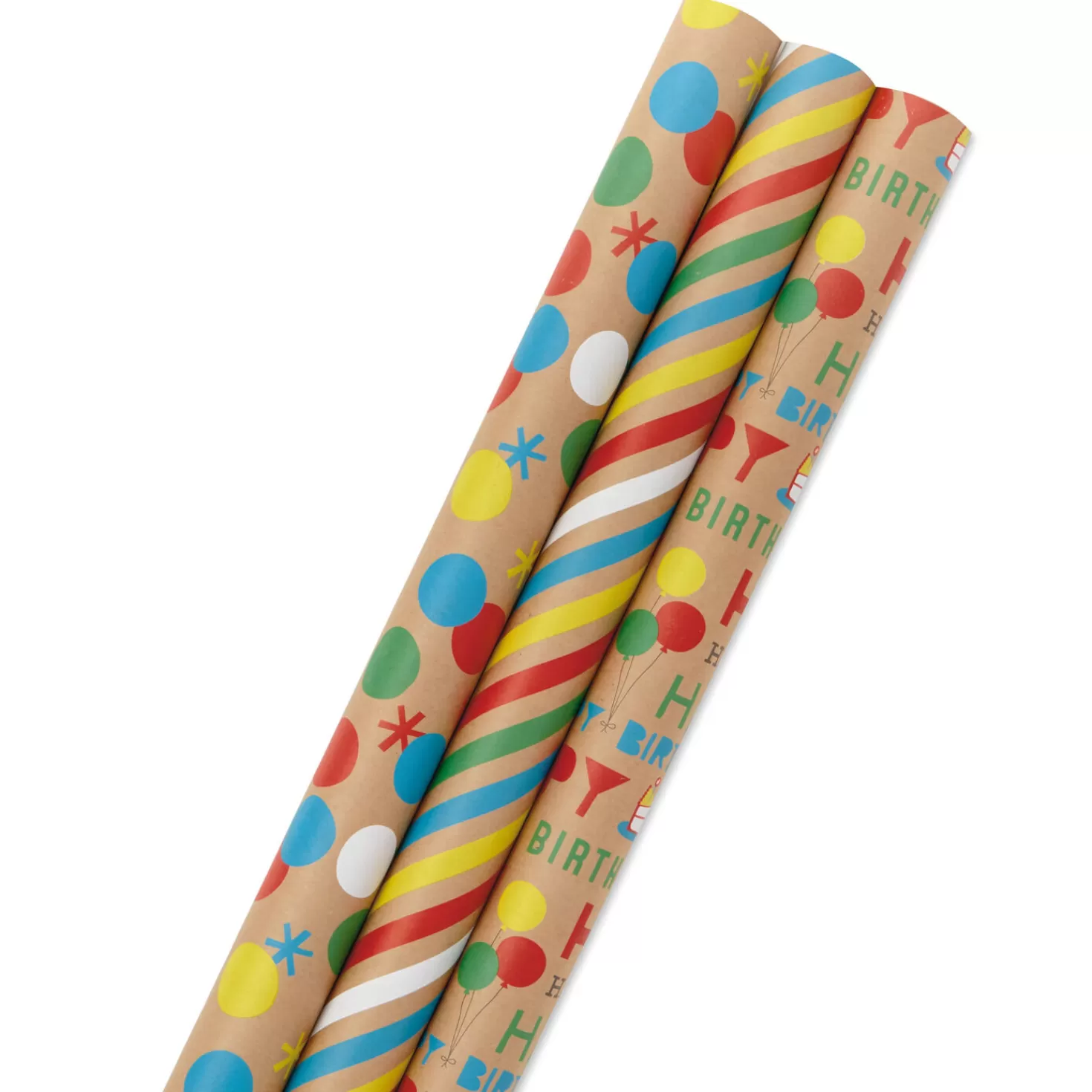 Birthday>Hallmark Primary Birthday 3-Pack Kraft Wrapping Paper, 105 Sq. Ft. Total