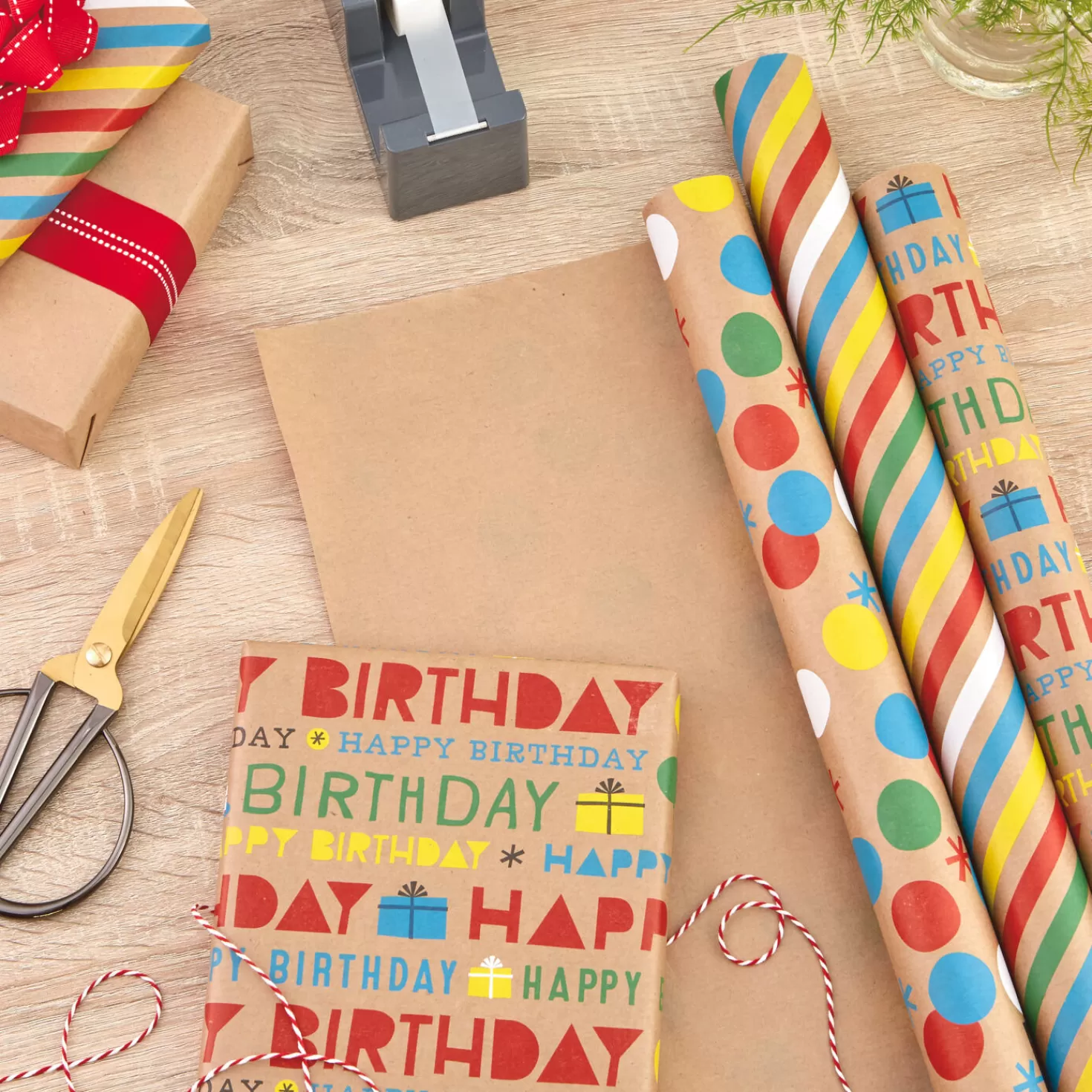 Birthday>Hallmark Primary Birthday 3-Pack Kraft Wrapping Paper, 105 Sq. Ft. Total