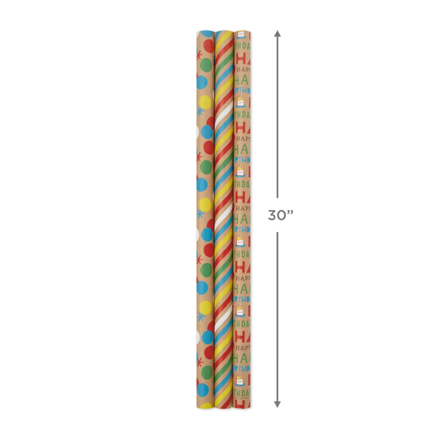 Birthday>Hallmark Primary Birthday 3-Pack Kraft Wrapping Paper, 105 Sq. Ft. Total