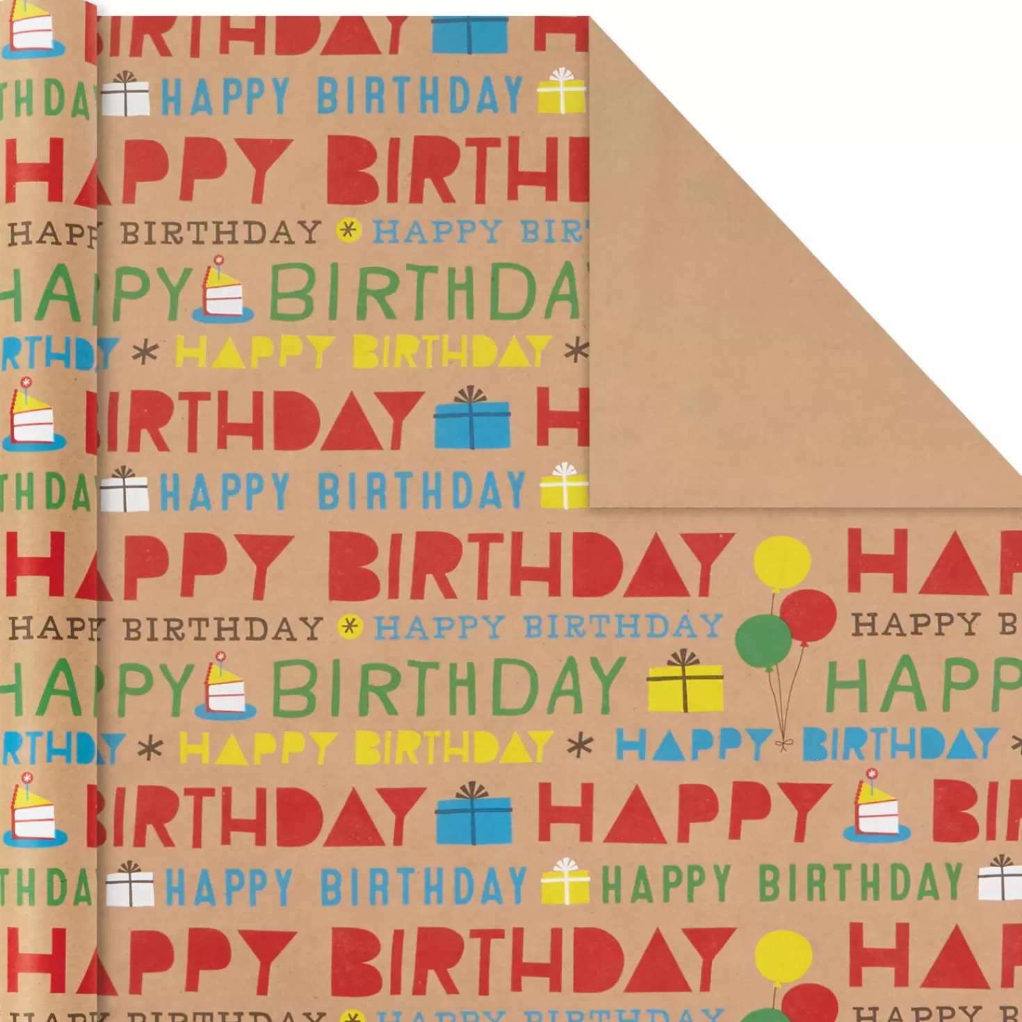 Birthday>Hallmark Primary Birthday 3-Pack Kraft Wrapping Paper, 105 Sq. Ft. Total