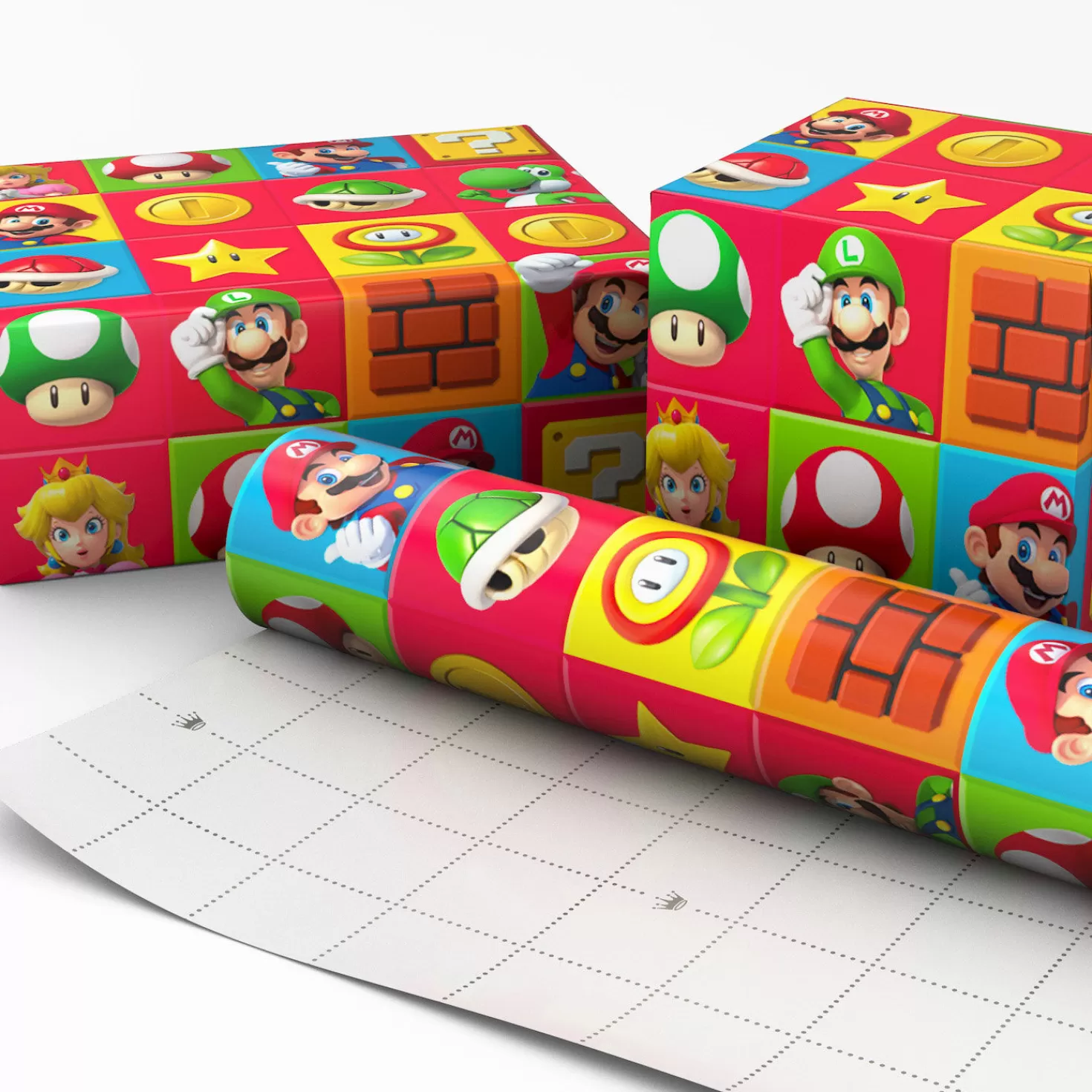 Birthday>Hallmark Super Mario™ On Colorful Squares Wrapping Paper, 17.5 Sq. Ft.
