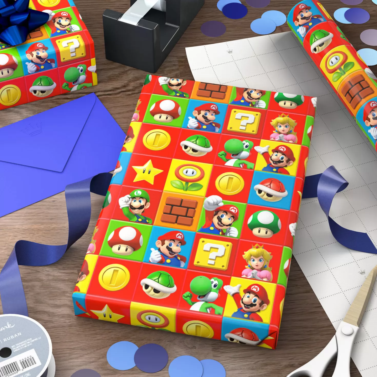 Birthday>Hallmark Super Mario™ On Colorful Squares Wrapping Paper, 17.5 Sq. Ft.