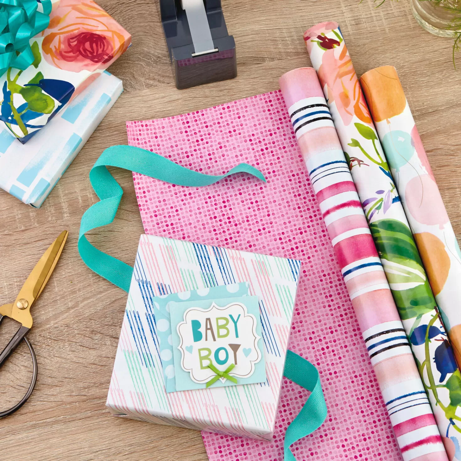 Hot Watercolor Tones 3-Pack Reversible Wrapping Paper, 75 Sq. Ft. Total Baby